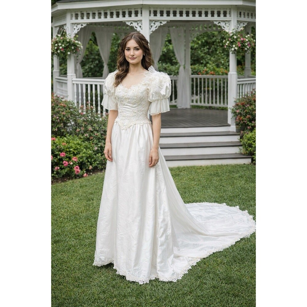 VTG Wedding Dress Satin PUFF Sleeves LACE ALFRED Angelo Train XS